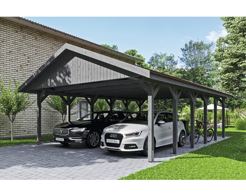 Prístrešok na auto Skan Holz Wallgau dvojitý 620x900 cm bridlicovo sivý vr. šindľov Prístrešok na auto Skan Holz Wallgau dvojitý 620x900 cm bridlicovo sivý vr. šindľov