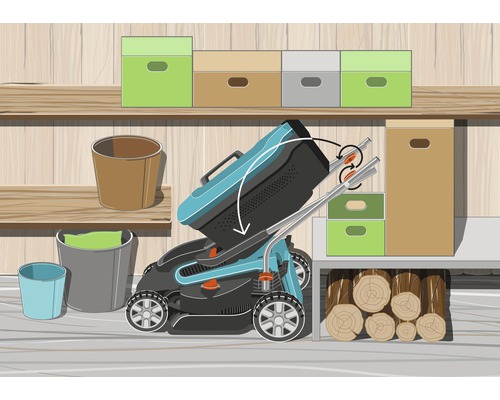 Ilustrácia kosačky na trávu so sklopnou rukoväťou pre úsporu miesta pri skladovaní