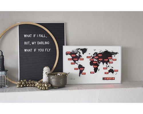 Dekoratívna scéna so svetovými hodinami a tabuľkou s citátmi