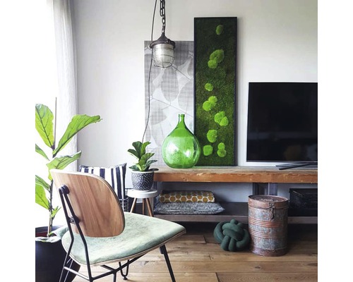 Obývacia izba s dreveným nábytkom, zelenou dekoráciou a izbovými rastlinami pre prírodnú atmosféru