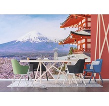 Fototapeta s jedálenským stolom na pozadí Fudžijamy a japonského chrámu