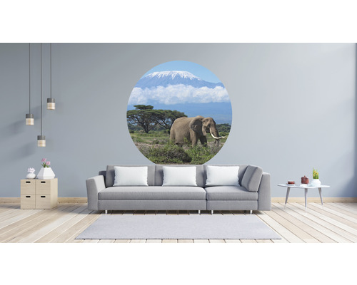 Obývacia izba s nástennou nálepkou slona pred Kilimandžárom