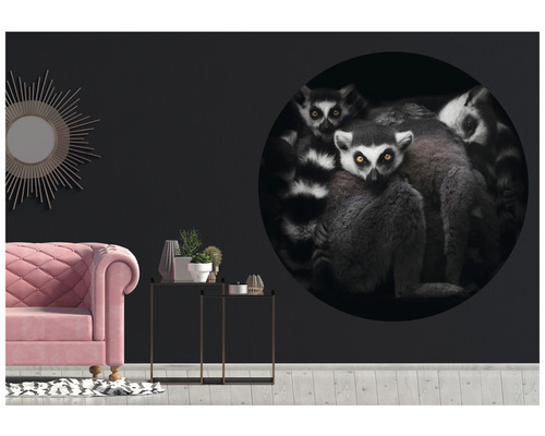 Obývacia izba s ružovou pohovkou, príručnými stolíkmi a stenou s veľkou okrúhlou nálepkou na stenu s lemurmi