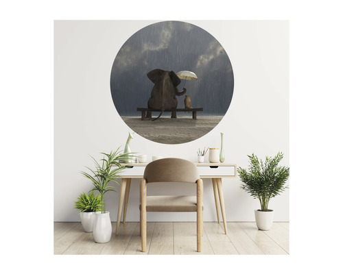 Dekoratívna nálepka na stenu so slonom a vtákom na lavičke v daždi