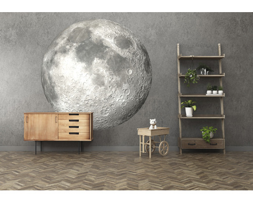 Obývacia izba s komodou, regálom, dekoratívnym vozíkom a tapetou s motívom mesiaca