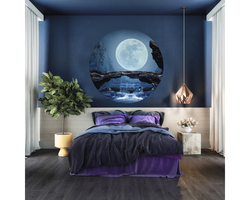 Spálňa s posteľou, nástenná maľba s motívom mesiaca a izbová rastlina