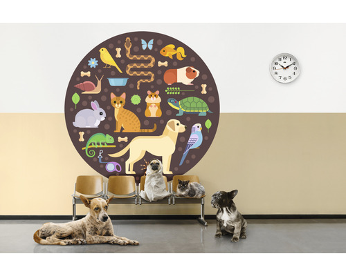 Ilustrácia veterinárnej ambulancie s rôznymi zvieratami v čakárni.