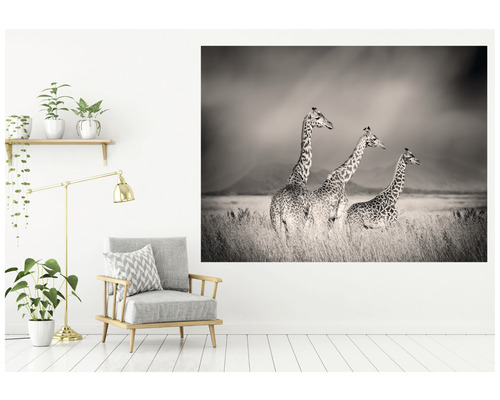 Obývacia izba s kreslami a nástennou maľbou zobrazujúcou tri žirafy.