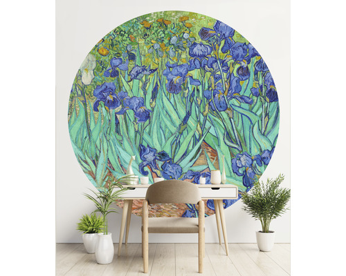 Nástenná maľba s maľbou kosatcov nad stolom so stoličkou a izbovými rastlinami