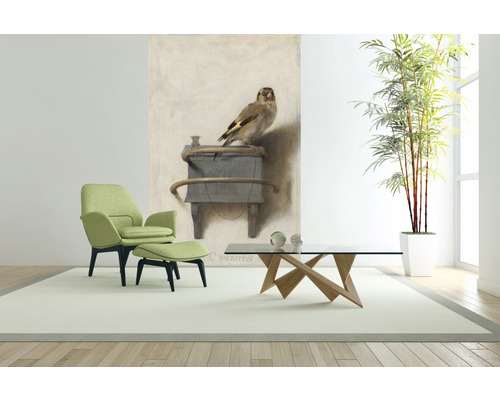 Obývacia izba s kreslom, stoličkou, konferenčným stolíkom, izbovou rastlinou a nástennou maľbou