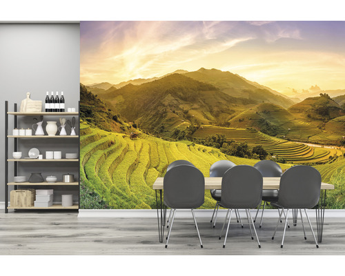 Jedáleň s nástennou maľbou ryžových terás, regálom a jedálenským stolom so stoličkami