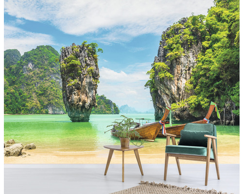 Fototapeta s tropickou ostrovnou krajinou, thajskými loďami a skalami
