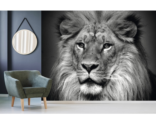 Obývacia izba s kreslom, zrkadlom a fototapetou s motívom leva