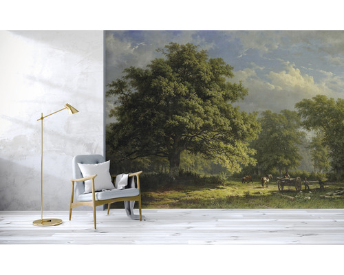 Tapeta s motívom lesnej krajiny, stromu, oblohy a ľudí