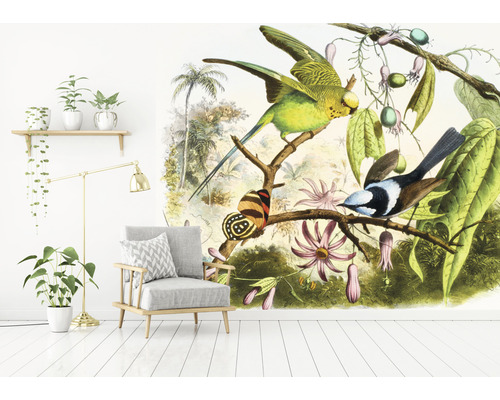 Obývacia izba s kreslom a fototapetou s motívmi vtákov a džungle