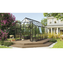 Skleník zo skla a kovu s otvorenými dverami na drevenej terase v záhrade.