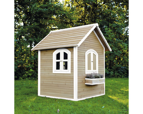 Drevený domček na hranie s dvoma oknami a kvetináčom
