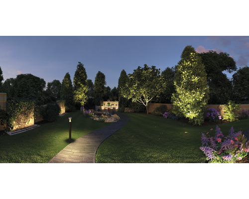 Osvetlená záhrada s cestou, stromami, kríkmi a kvetmi za súmraku.