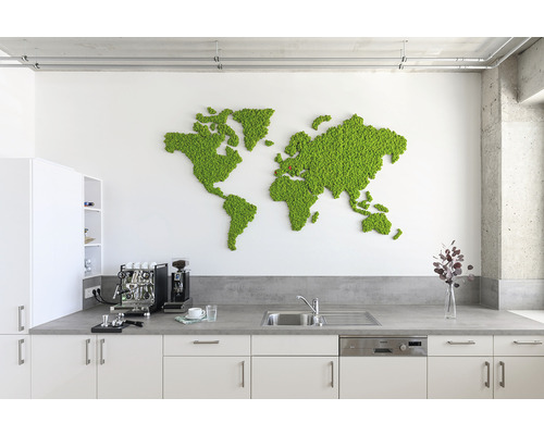 Svetlá kancelária s machovou mapou sveta na stene, kuchynská linka s drezom a kávovarom