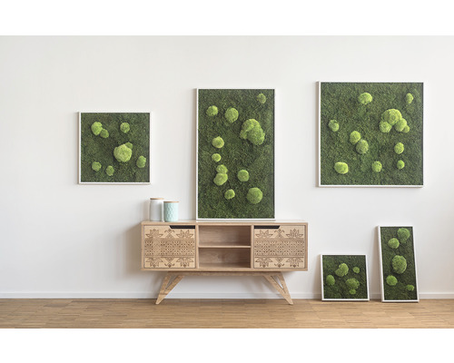 Obývacia izba s machovými obrazmi v rámoch a drevenou komodou so vzorom