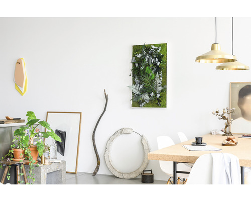 Svetlá obývacia izba s machovým obrazom, rastlinami a dekoráciami