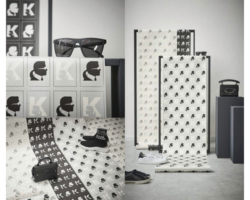 Dekoratívna izba s tapetou, doplnkami a topánkami Karl Lagerfeld