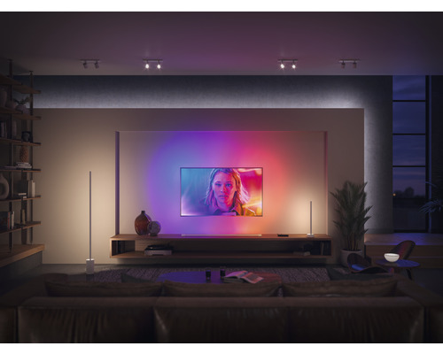 Obývacia izba s televízorom, osvetlenými stojacími lampami a policami.