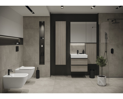 Moderná kúpeľňa s toaletou, bidetom, umývadlom, zrkadlovou skrinkou a sprchou