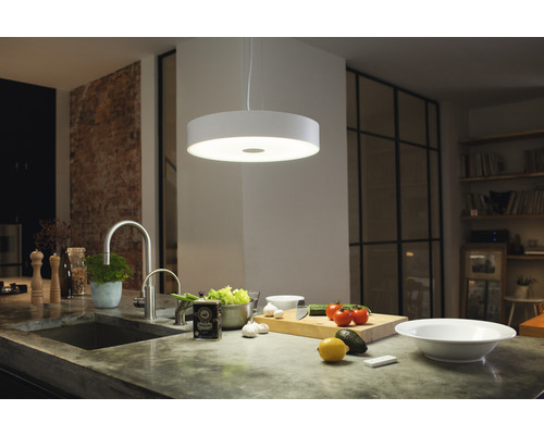 Moderná kuchyňa s okrúhlym závesným svietidlom nad pracovnou doskou s potravinami.