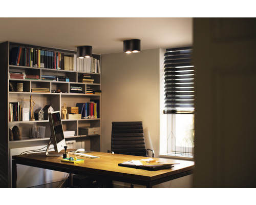 Kancelária so stolom, regálom a stropnými svietidlami