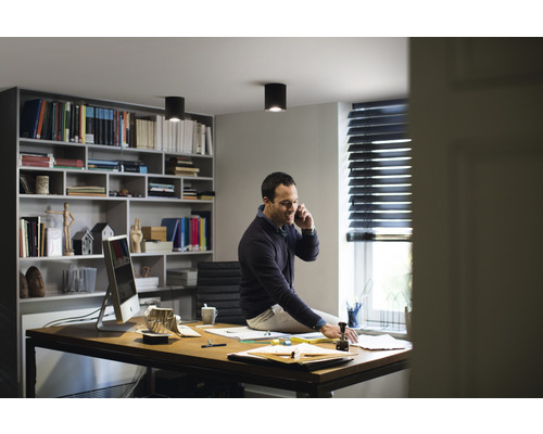 "Kancelária so stolom, regálom a stropnými svietidlami