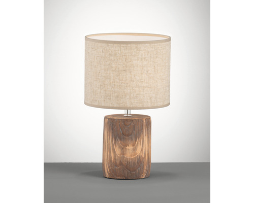 Stolná lampa s drevenou základňou a látkovým tienidlom