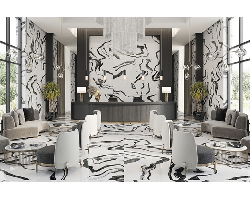 Lobby s podlahovými a nástennými dlaždicami so vzhľadom mramoru, recepciou a posedením