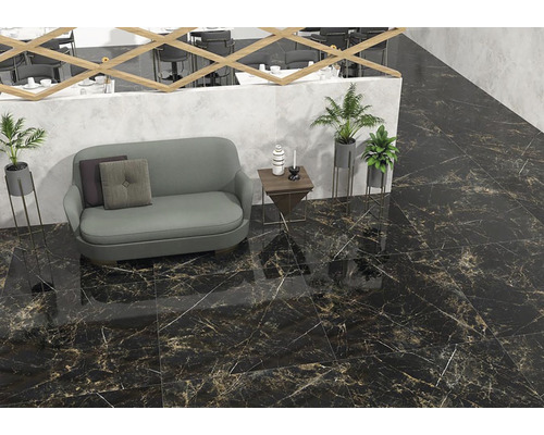 Interiér s čiernou podlahou s mramorovým vzorom, pohovkou a rastlinami