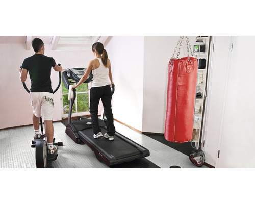 Fitness miestnosť s crossovým trenažérom, bežeckým pásom a boxovacím vrecom na domáci tréning