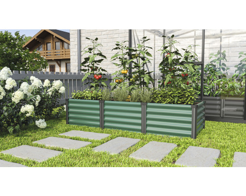 Vyvýšený záhon Vitavia Linus In&Out 401 S 185x65x40,1 cm plechový zelený/čierna Kovový vyvýšený záhon s paradajkami a bylinkami v záhrade
