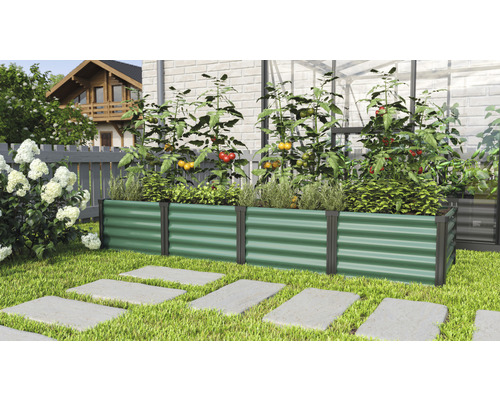Vyvýšený záhon Vitavia Linus In&Out 401 L 245x65x40,1 cm plechový zelený/čierny Kovový vyvýšený záhon na záhrade s rastlinami a zeleninou.