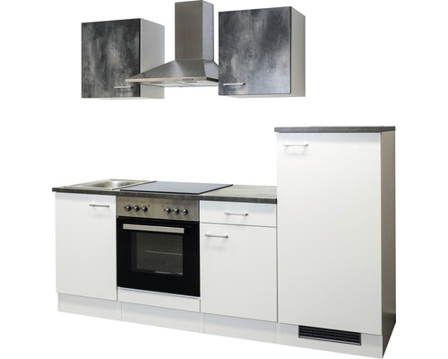 Kuchynská linka s drezom, varnou doskou, rúrou, odsávačom pár a závesnými skrinkami