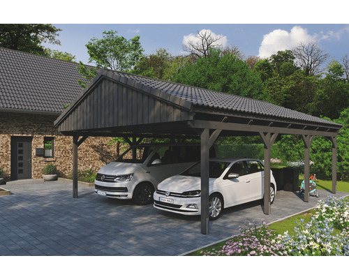Prístrešok na auto SKAN HOLZ Fichtelberg dvojitý 618 x 808 cm bridlicovo sivý Drevený dvojitý prístrešok pre auto s dvoma zaparkovanými autami