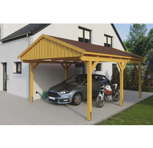 Drevený prístrešok pre auto s automobilom a motocyklom