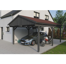 Drevený carport s autom a motorkou