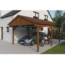 Drevený prístrešok pre auto s autom a motocyklom