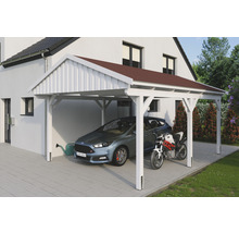 Drevený prístrešok pre auto s automobilom a motocyklom