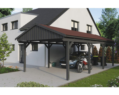 Prístrešok na auto SKAN HOLZ Fichtelberg 423 x 808 cm bridlicovo šedý vr. šindľov Drevený prístrešok pre auto s autom a motorkou pred domom