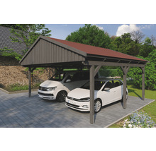 Dvojitý drevený carport s dvoma zaparkovanými autami