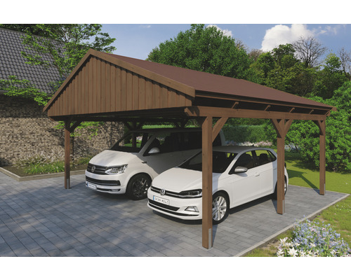 Prístrešok na auto SKAN HOLZ Fichtelberg dvojitý 618 x 566 cm orech vr. šindľov Dvojitý drevený prístrešok pre auto s dvoma zaparkovanými autami