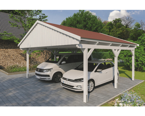 Prístrešok na auto SKAN HOLZ Fichtelberg dvojitý 618 x 566 cm biely vr. šindľov Drevený dvojitý prístrešok pre auto s dvoma parkujúcimi autami