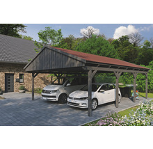 Dvojitý drevený carport s dvoma zaparkovanými autami