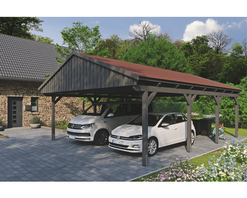 Prístrešok na auto Skan Holz Fichtelberg dvojitý 618x808 cm bridlicovo sivý vr. šindľov Prístrešok na auto Skan Holz Fichtelberg dvojitý 618x808 cm bridlicovo sivý vr. šindľov