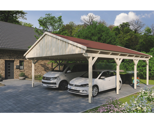 Prístrešok na auto SKAN HOLZ Fichtelberg dvojitý 618 x 808 cm prírodný vr. šindľov Dvojitý drevený prístrešok pre autá s dvoma zaparkovanými autami